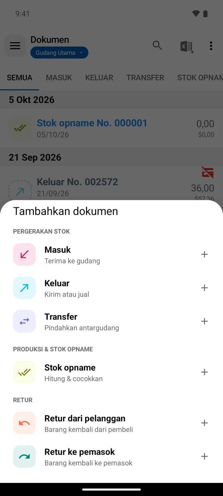 Panel Tambahkan dokumen, dikelompokkan menurut jenis dokumen