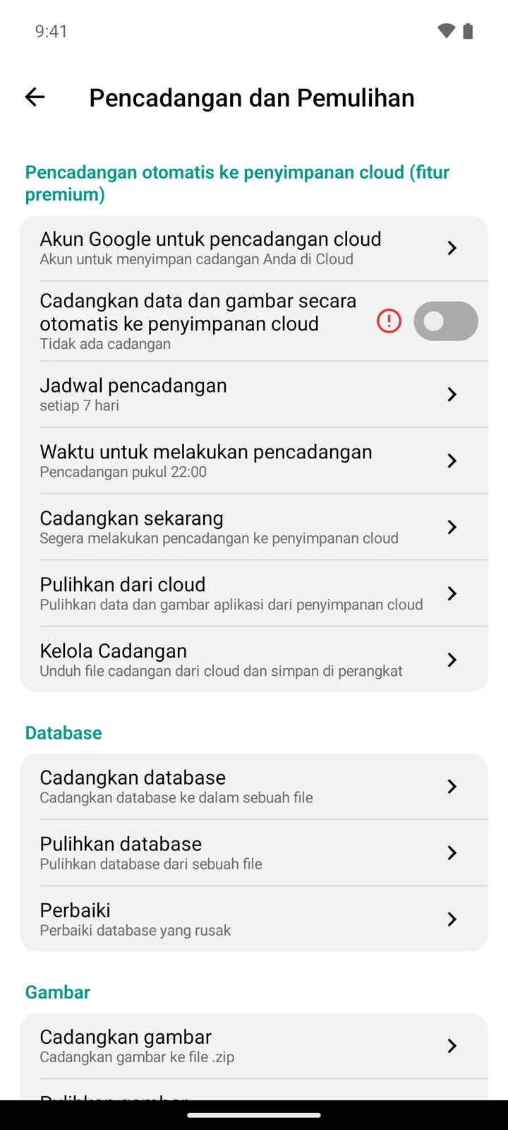 Layar Pencadangan dan Pemulihan di StoDo Simple: bagian pencadangan otomatis ke cloud dengan jadwal dan waktu, lalu Database dan Gambar
