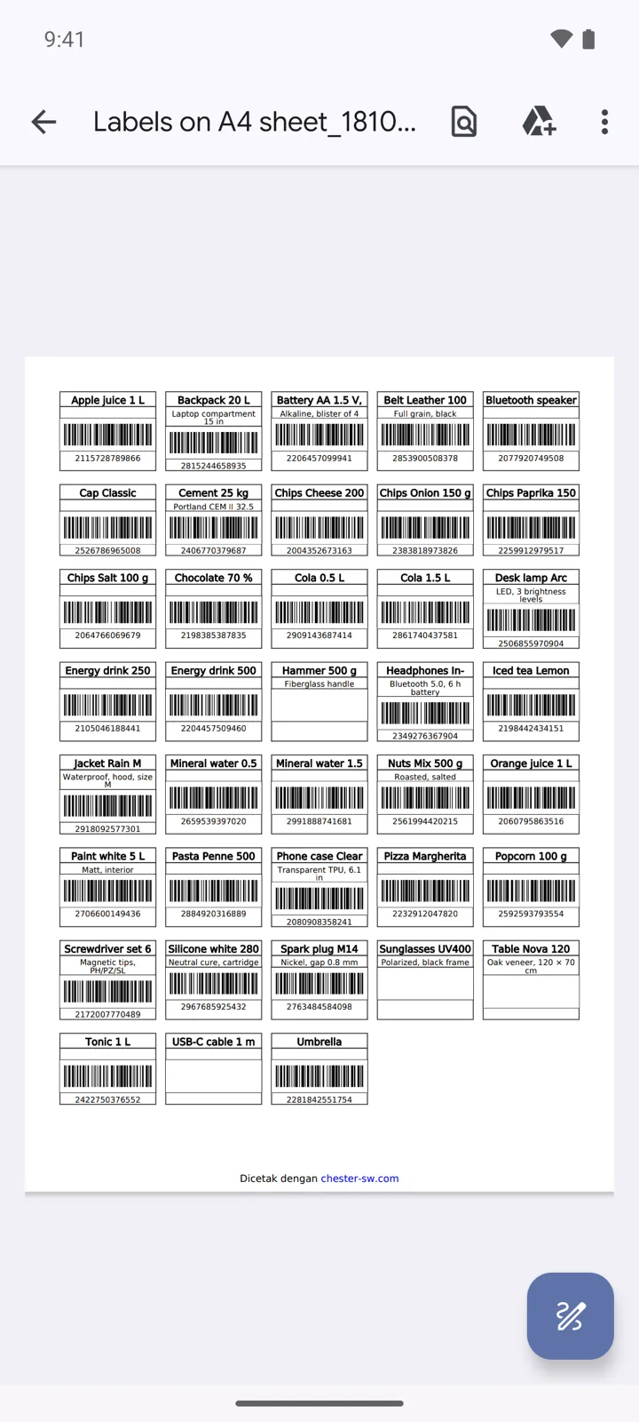 PDF lembar label A4 yang dihasilkan aplikasi: satu kartu per barang dengan nama, deskripsi, dan gambar barcode