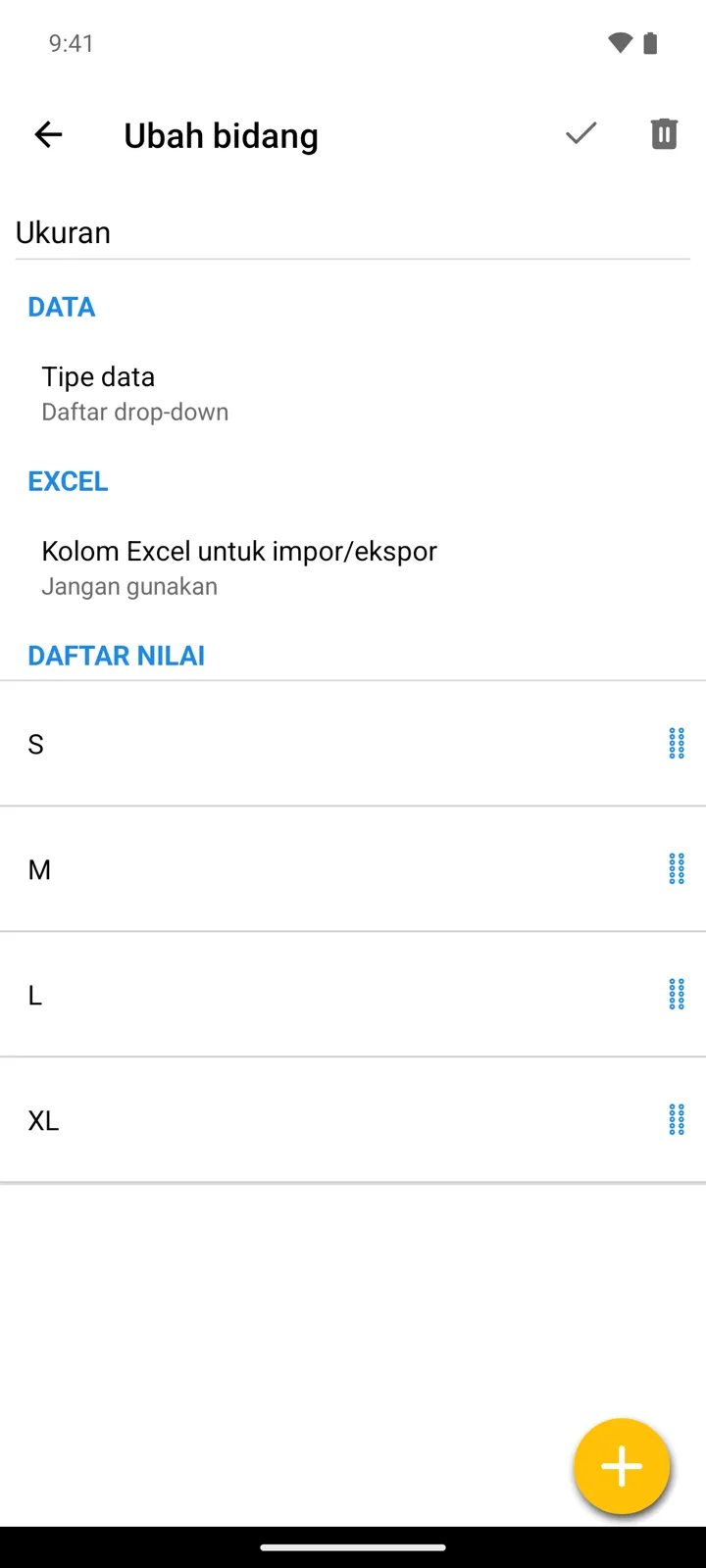 Editor bidang: bidang bertipe Daftar drop-down bernama Ukuran dengan nilai S, M, L, XL