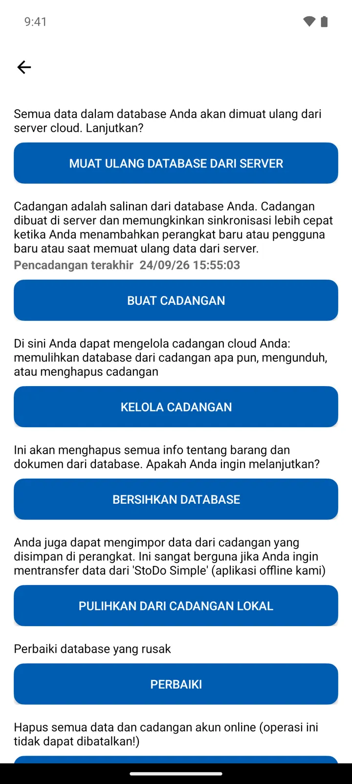 Layar database, tampilan pemilik: Muat ulang database dari server, Buat Cadangan dengan tanggal pencadangan terakhir, Kelola Cadangan, Bersihkan database, Pulihkan dari cadangan lokal, Perbaiki, dan Hapus semua data dan akun