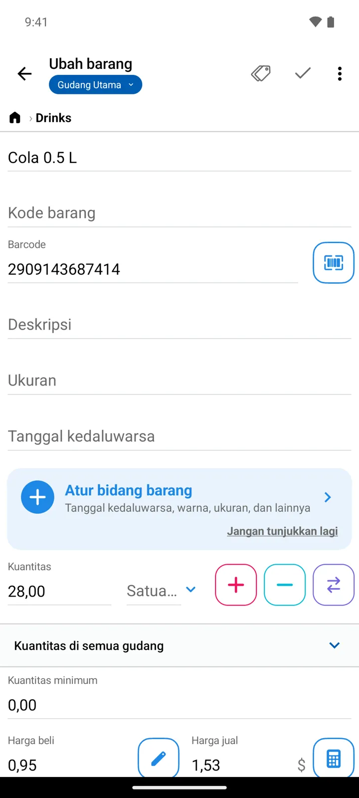Formulir barang Cola 0.5 L dengan semua bidang diaktifkan