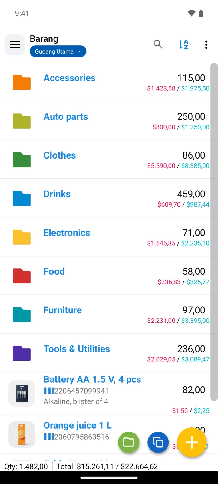 Layar Barang: grup berwarna dengan total, baris barang dengan barcode dan foto