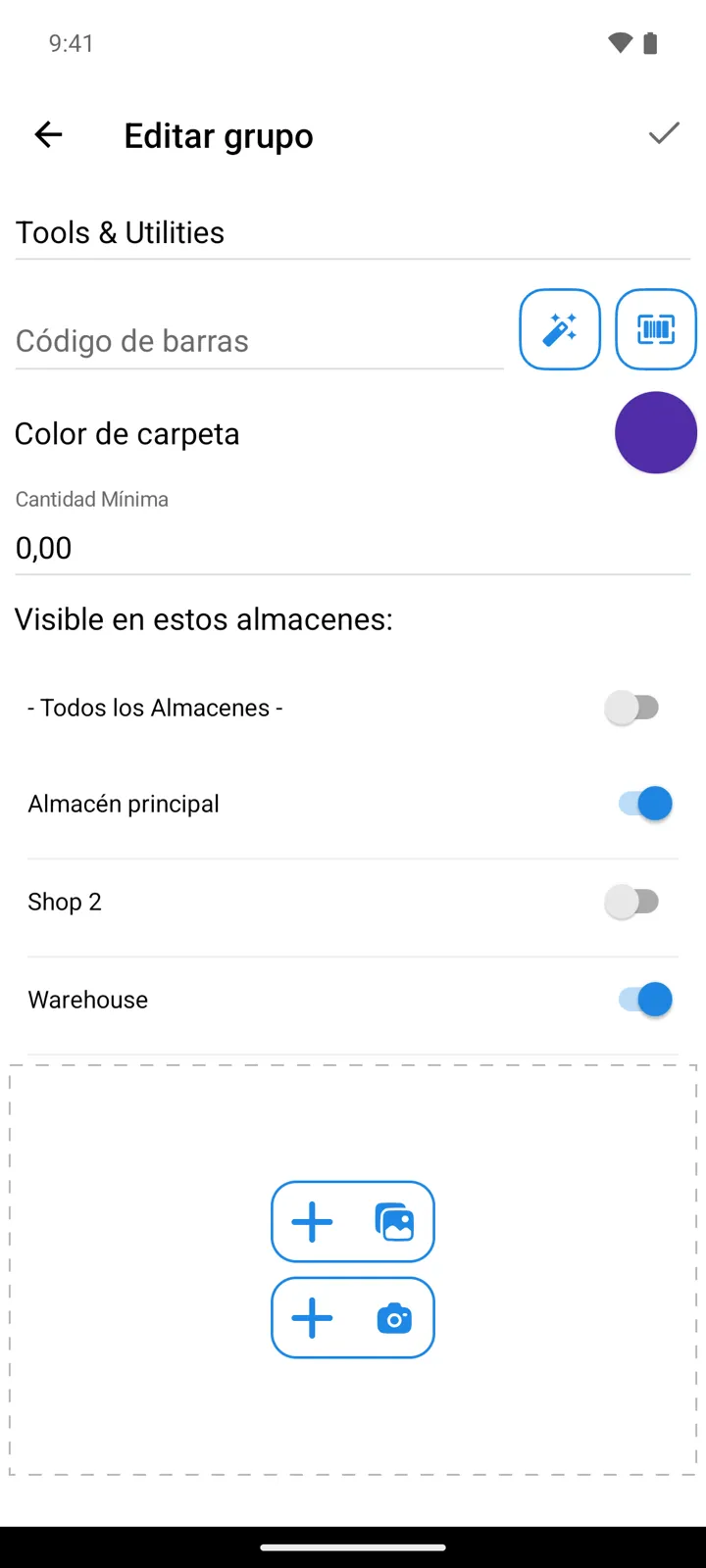 La pantalla Editar grupo de Tools & Utilities, sección Visible en estos almacenes: - Todos los Almacenes - desactivado, Almacén principal y Warehouse activados, Shop 2 desactivado