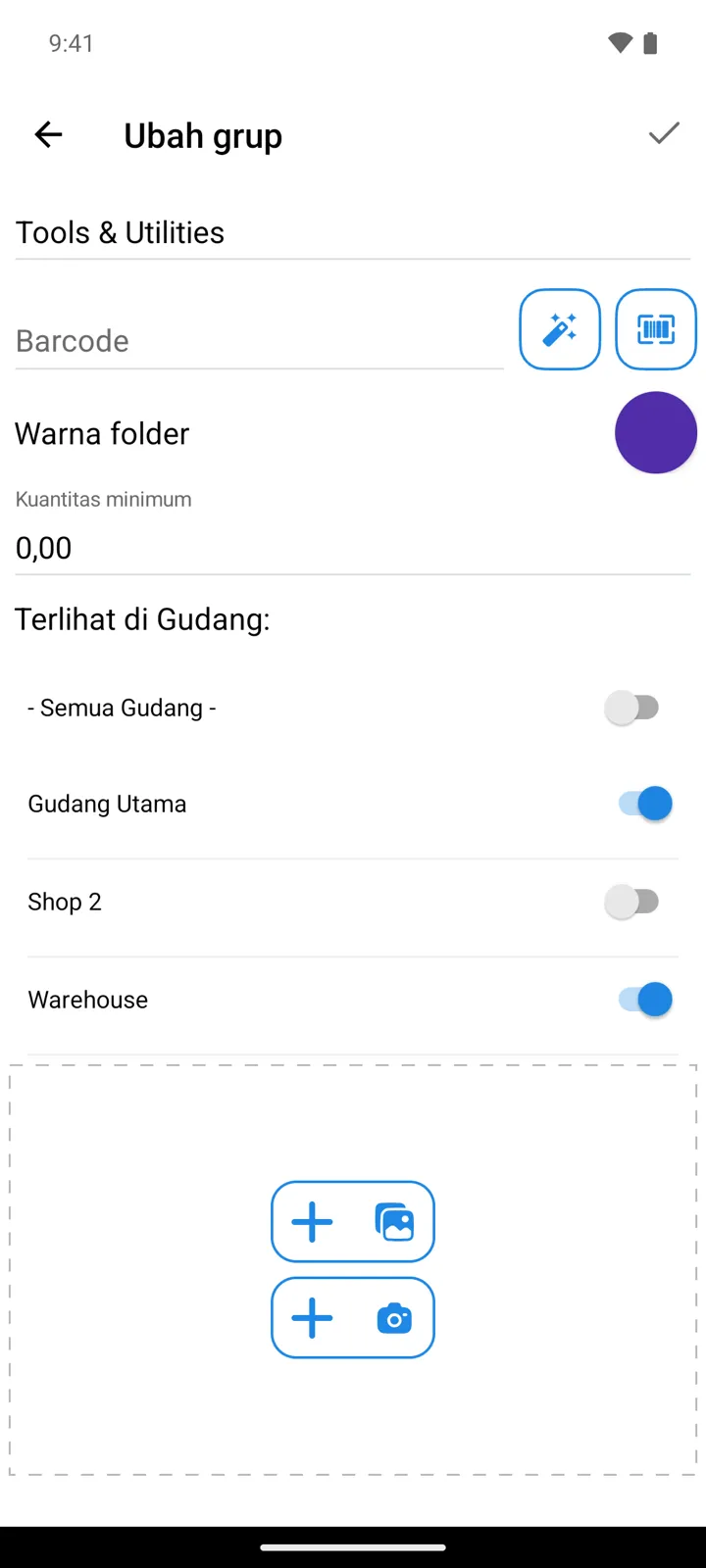 Layar Ubah grup untuk Tools & Utilities: di bagian Terlihat di Gudang, - Semua Gudang - nonaktif, Gudang Utama dan Warehouse aktif, Shop 2 nonaktif