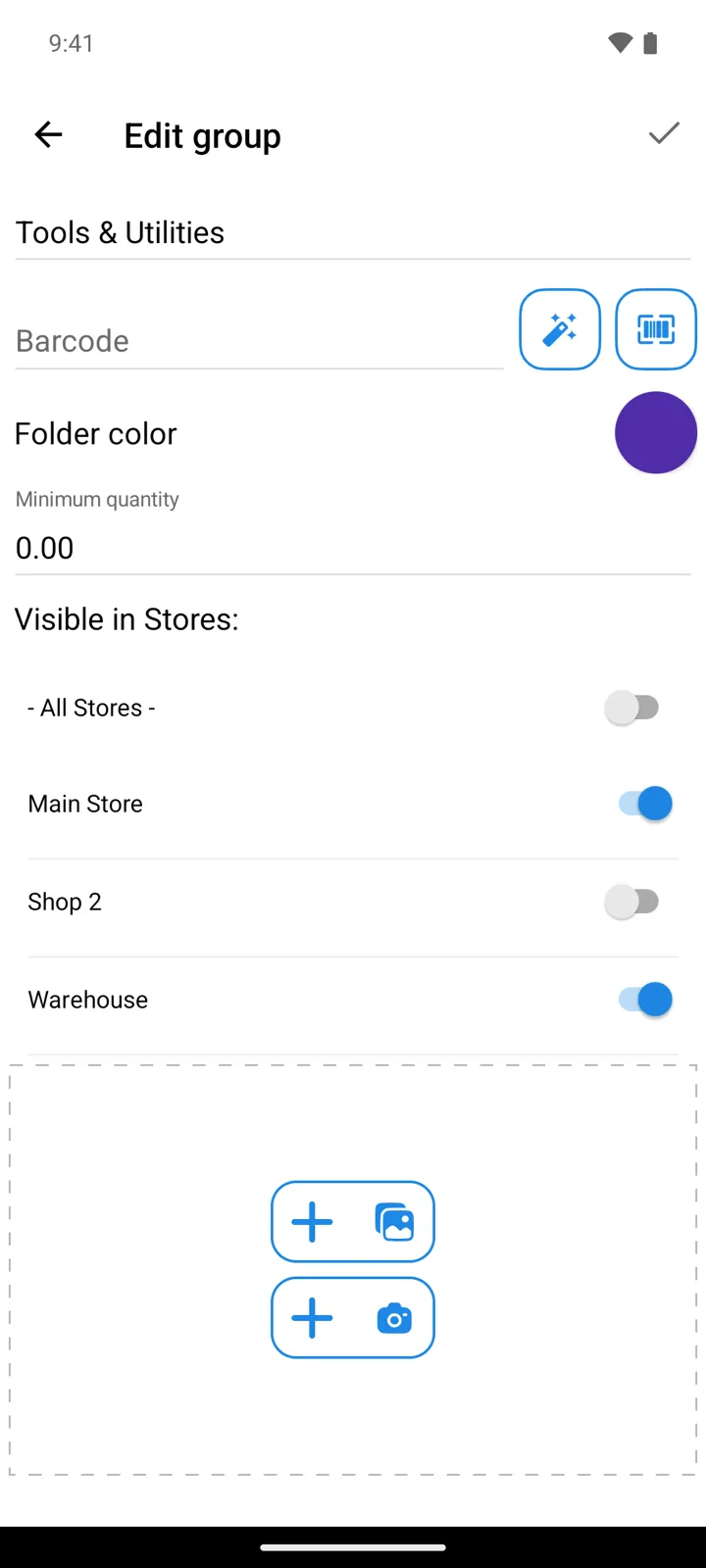 The Edit group screen for Tools & Utilities: under Visible in Stores:, - All Stores - is off, Main Store and Warehouse are on, Shop 2 is off