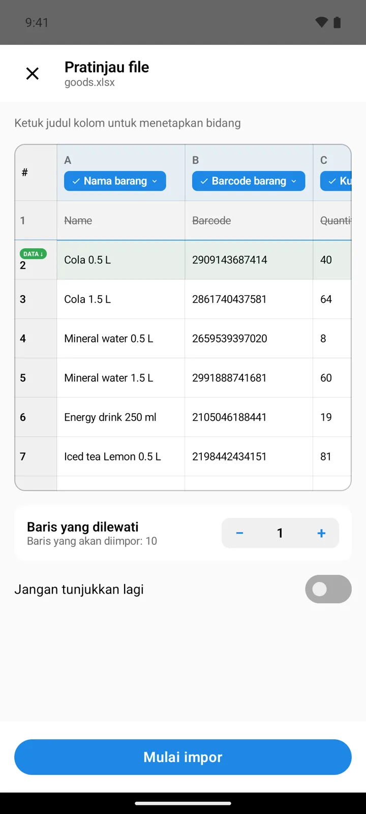 Pratinjau file: baris barang demo di bawah judul kolom yang ditetapkan ke Nama barang dan Barcode barang, baris judul dicoret, Baris yang dilewati bernilai 1, dan tombol Mulai impor