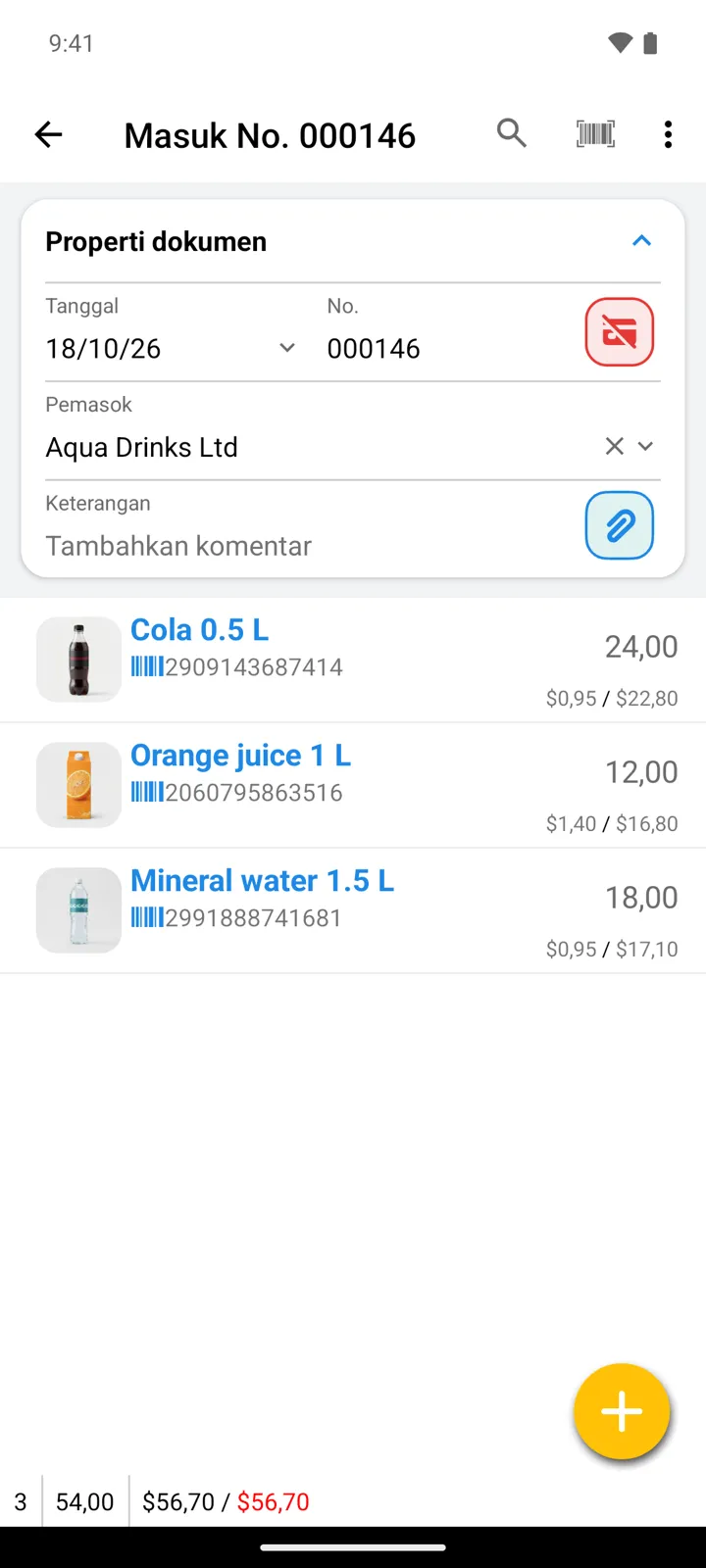 Dokumen Masuk dari Aqua Drinks Ltd dengan tiga baris
