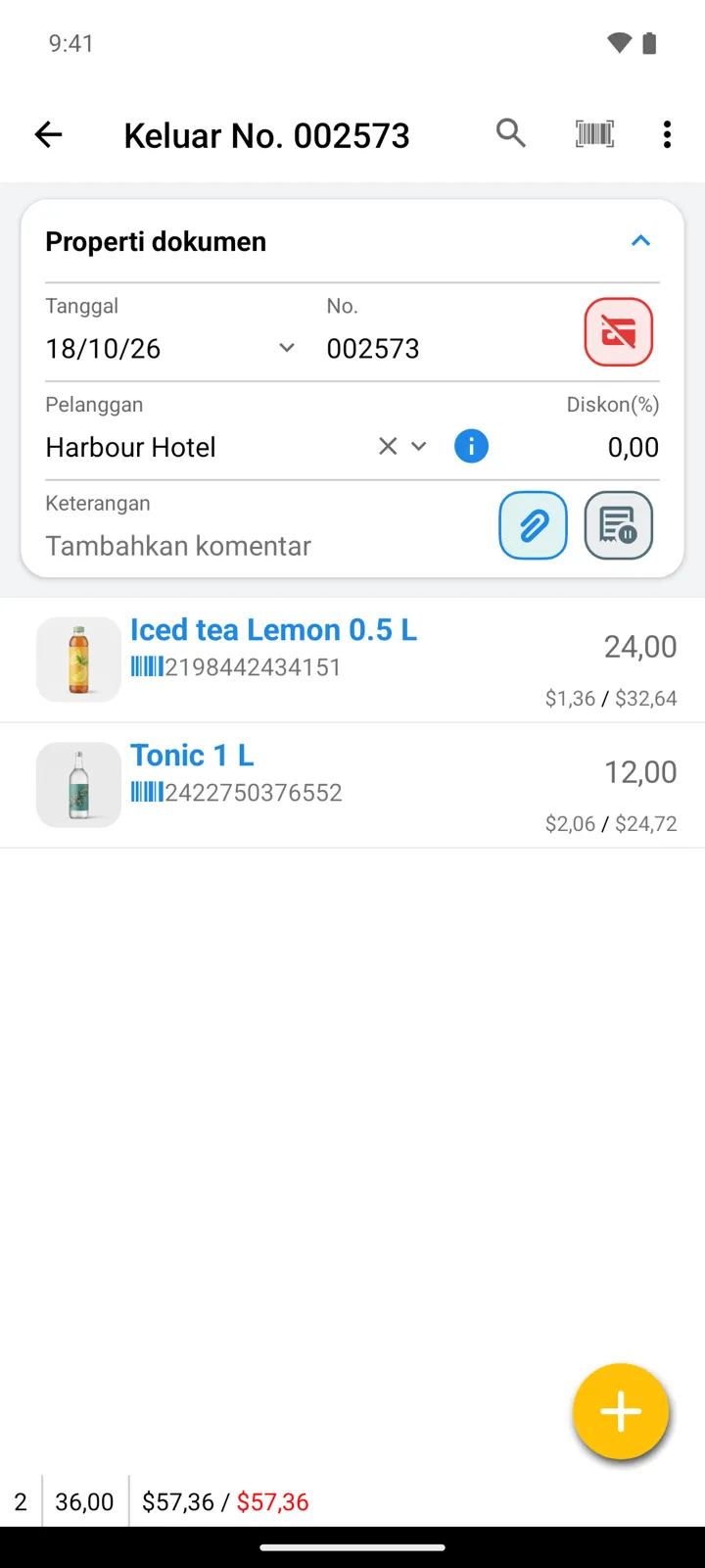 Pesanan Keluar di editor: tombol status pesanan ada di sebelah klip lampiran; tombol merah di dekat nomor adalah status pembayaran