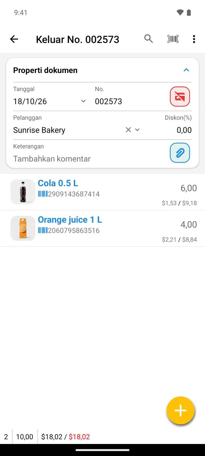Dokumen Keluar untuk Sunrise Bakery dengan harga jual