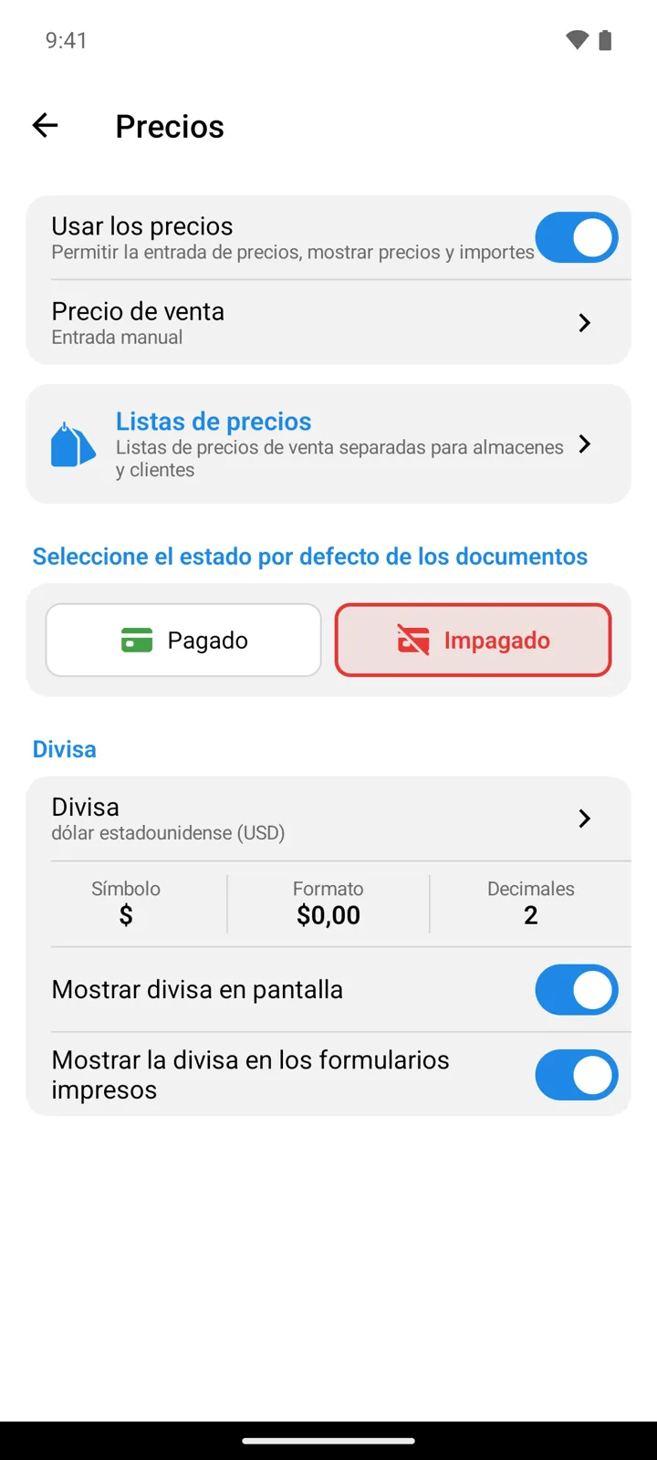 La pantalla de ajustes de Precios: Usar los precios y Precio de venta, la tarjeta Listas de precios, el selector del estado por defecto Pagado/Impagado y la tarjeta Divisa con las celdas Símbolo, Formato y Decimales