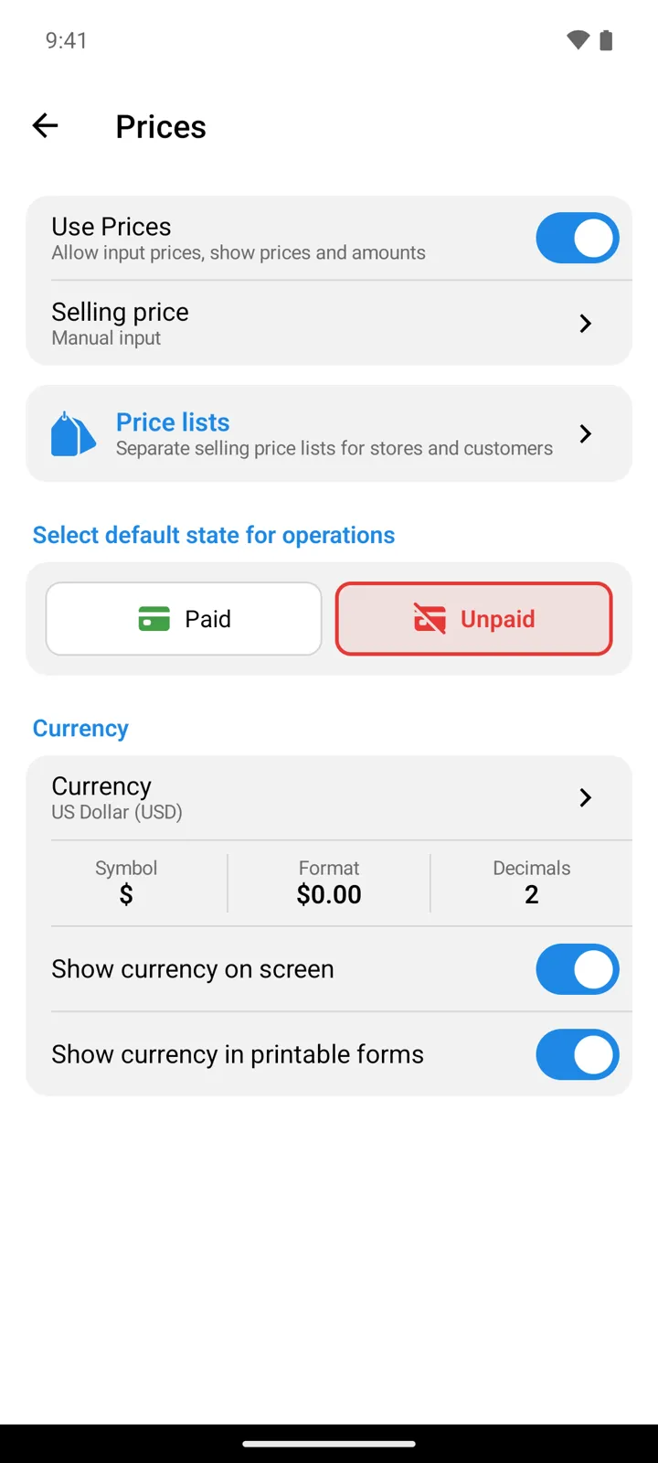 The Prices settings screen: Use Prices and Selling price, the Price lists card, the Paid/Unpaid default state selector, and the Currency card with Symbol, Format and Decimals cells