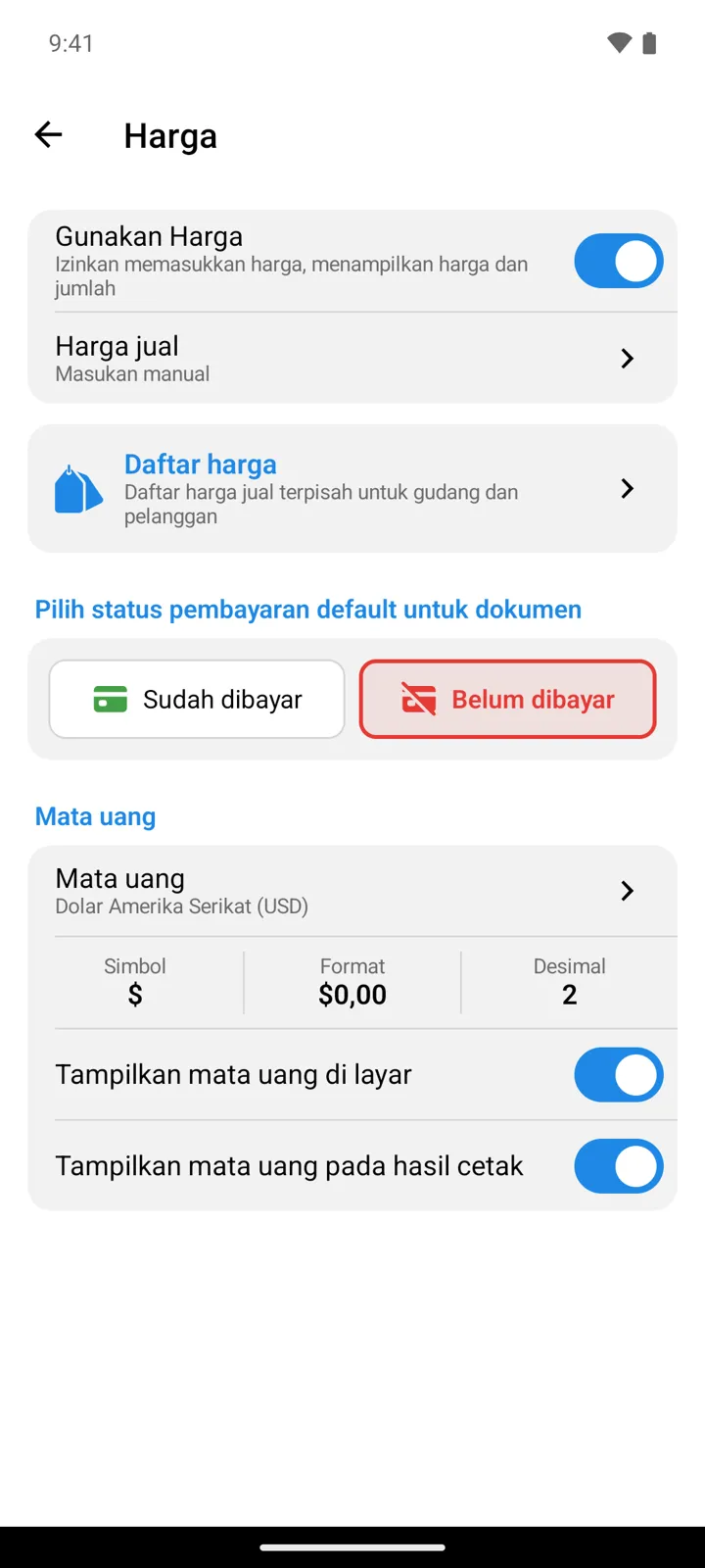 Layar pengaturan Harga: Gunakan Harga dan Harga jual, kartu Daftar harga, pilihan status default Sudah dibayar/Belum dibayar, dan kartu Mata uang dengan sel Simbol, Format, dan Desimal
