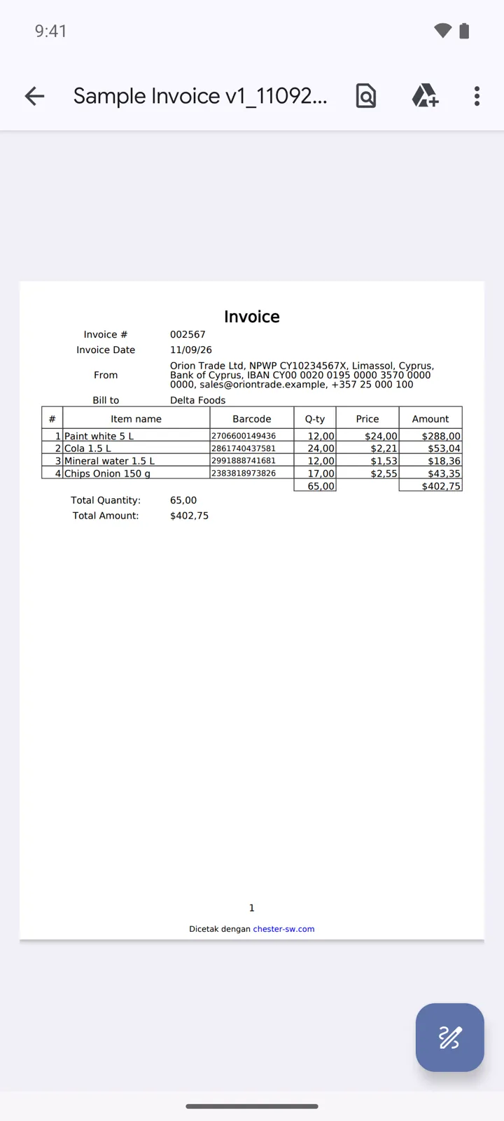Faktur PDF yang dibuat dari template Sample Invoice: blok perusahaan dari Perusahaan saya, pelanggan, tabel barang, total