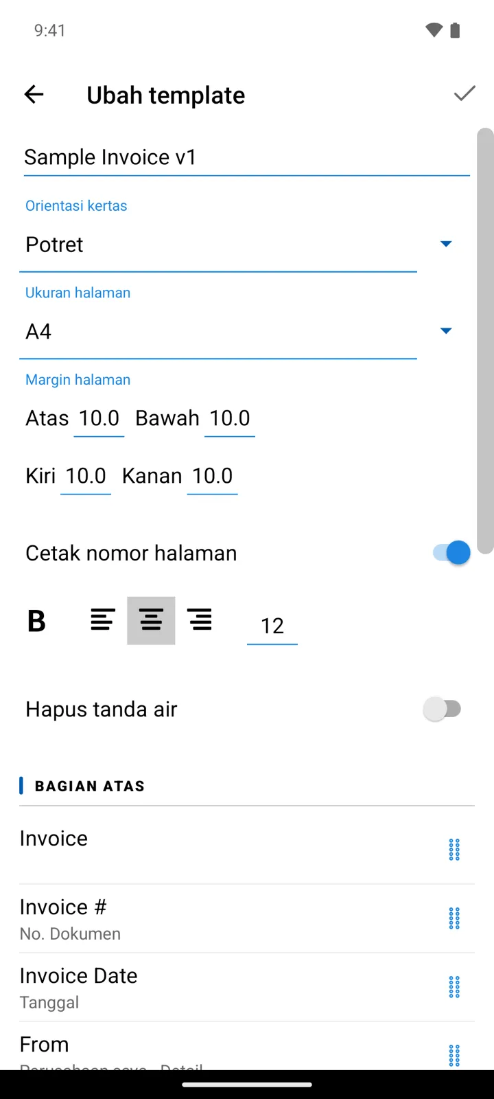 Editor template pada Sample Invoice v1: orientasi kertas, ukuran halaman dan margin, sakelar tanda air, dan elemen-elemen di bagian atas