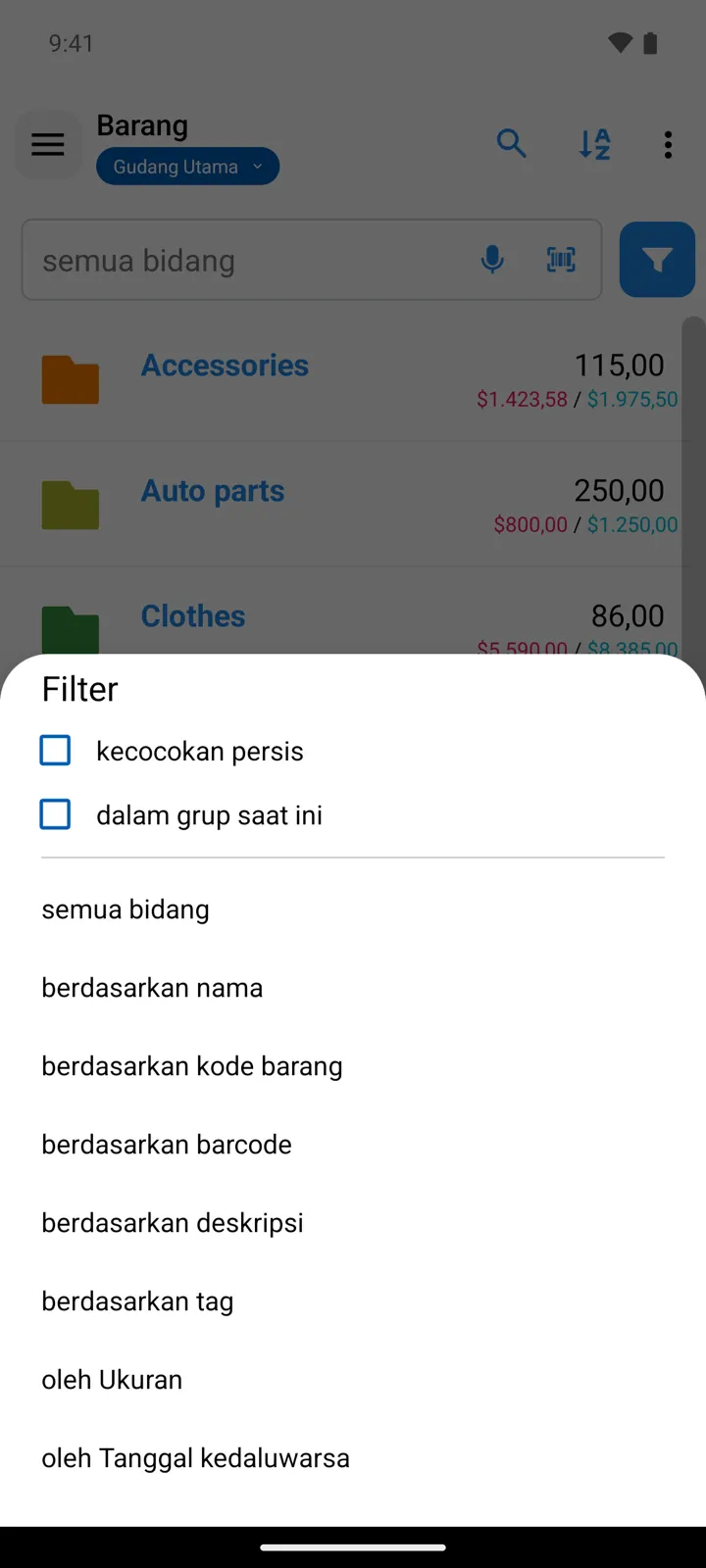 Panel Filter di atas daftar Barang: kotak centang kecocokan persis dan dalam grup saat ini, lalu cakupan pencarian hingga bidang khusus
