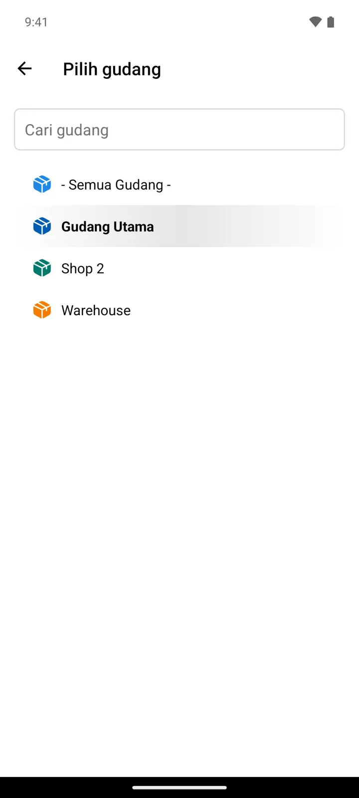 Daftar pilihan Pilih gudang: - Semua Gudang - di atas daftar gudang