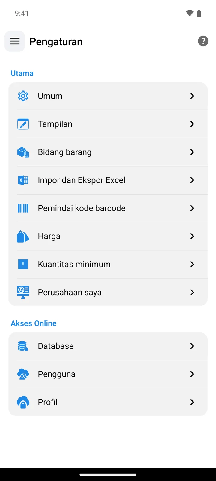 Layar Pengaturan StoDo Online, tampilan pemilik: bagian Utama dari Umum sampai Perusahaan saya, lalu Akses Online dengan Database, Pengguna, dan Profil