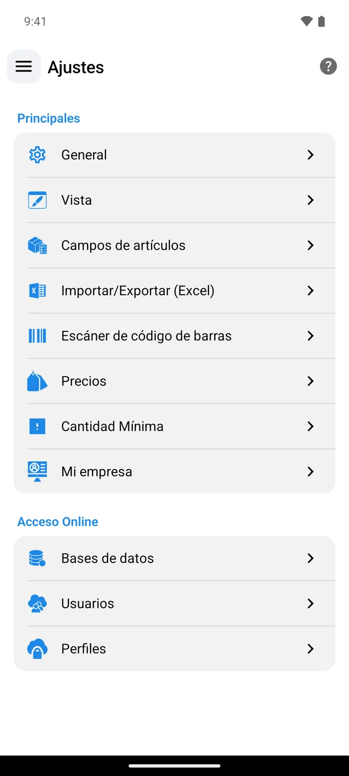 La pantalla Ajustes de StoDo Online, vista del dueño: la sección Principales, de General a Mi empresa, y luego Acceso Online con Bases de datos, Usuarios y Perfiles