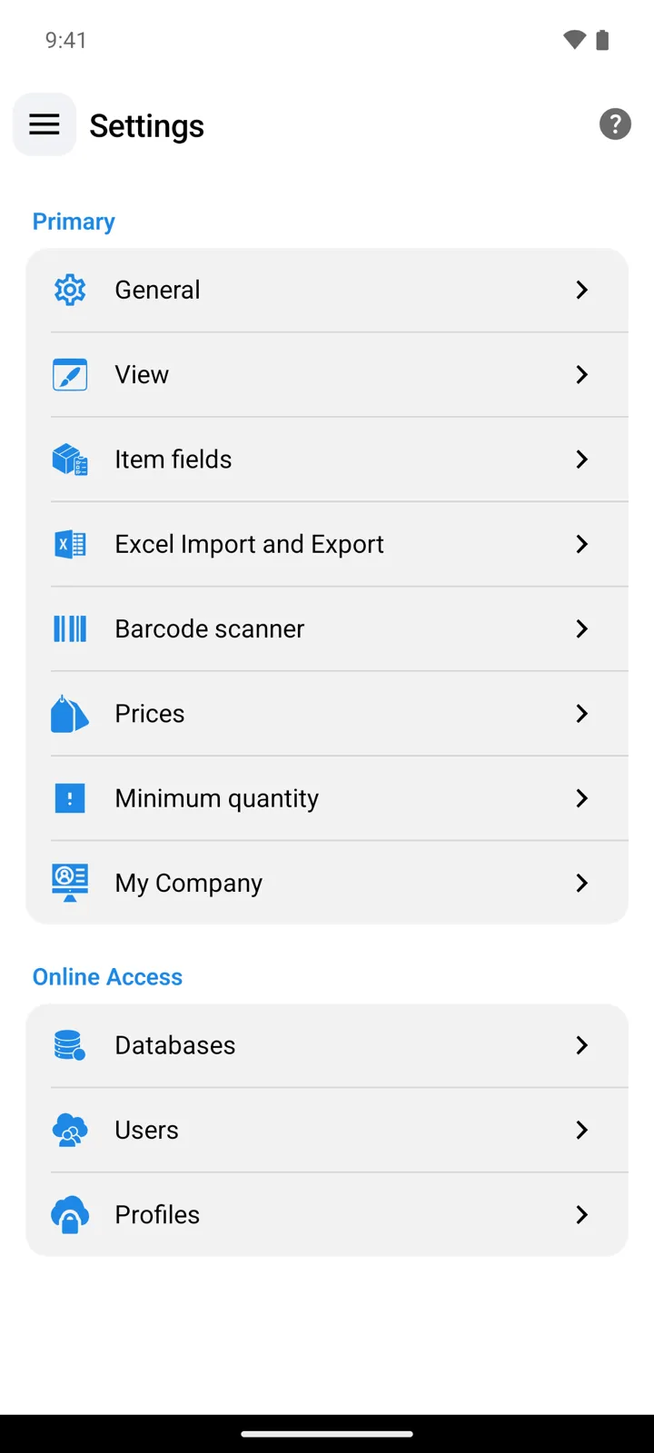 StoDo Online's Settings screen, owner view: the Primary section from General to My Company, then Online Access with Databases, Users and Profiles