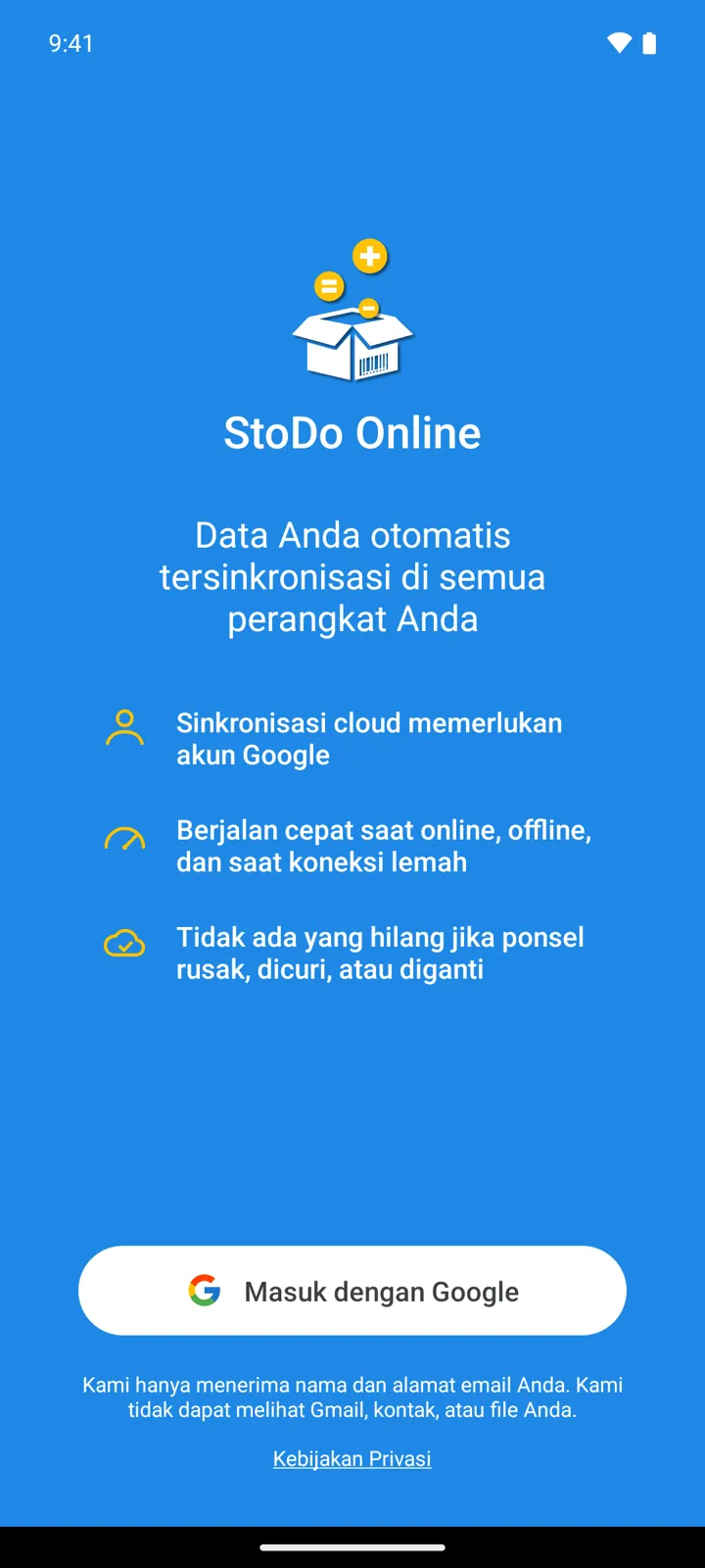 Layar awal StoDo Online: tombol Masuk dengan Google dan, di bawahnya, keterangan tentang nama dan alamat email