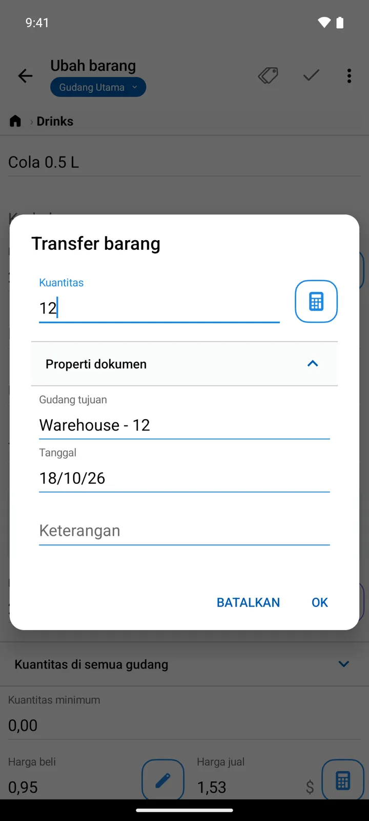 Dialog Transfer barang: kuantitas, gudang tujuan, tanggal